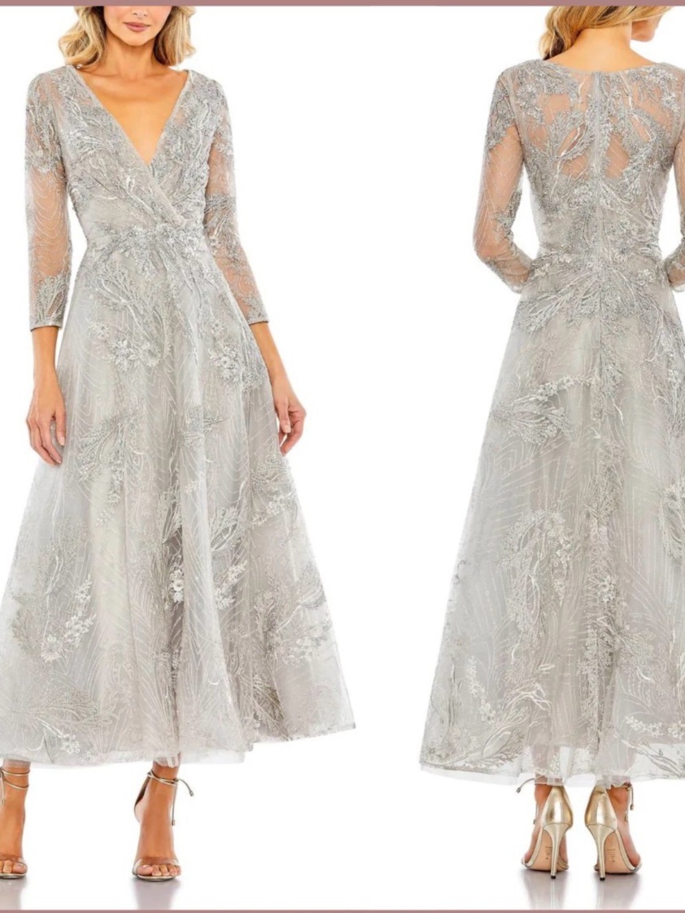 Silver Embroidered V-Neck Long Sleeve Evening Dress